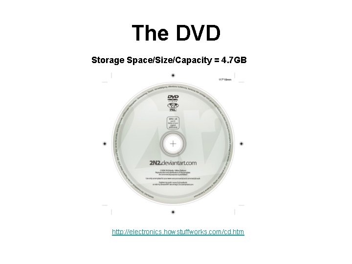 The DVD Storage Space/Size/Capacity = 4. 7 GB http: //electronics. howstuffworks. com/cd. htm 