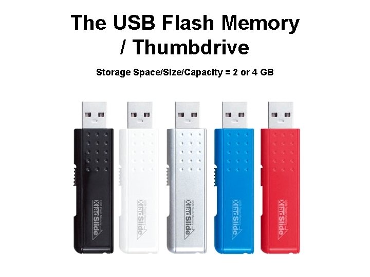 The USB Flash Memory / Thumbdrive Storage Space/Size/Capacity = 2 or 4 GB 