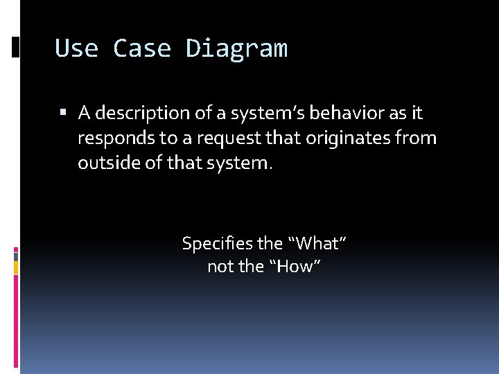 Use Case Diagram A description of a system’s behavior as it responds to a