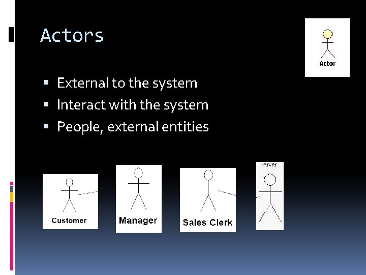 Actors External to the system Interact with the system People, external entities 