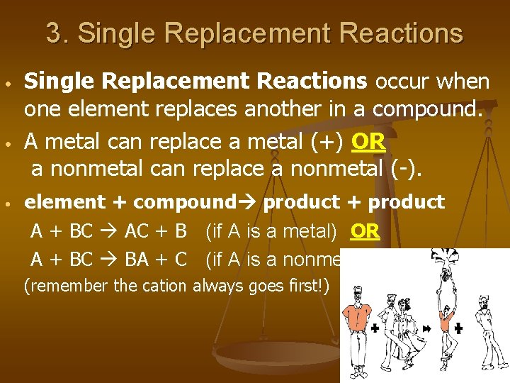 3. Single Replacement Reactions • • • Single Replacement Reactions occur when one element