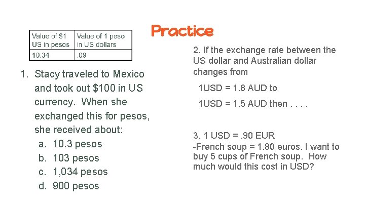 Practice 1. Stacy traveled to Mexico and took out $100 in US currency. When