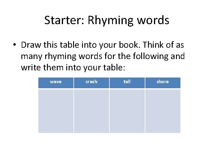 Starter: Rhyming words • Draw this table into your book. Think of as many