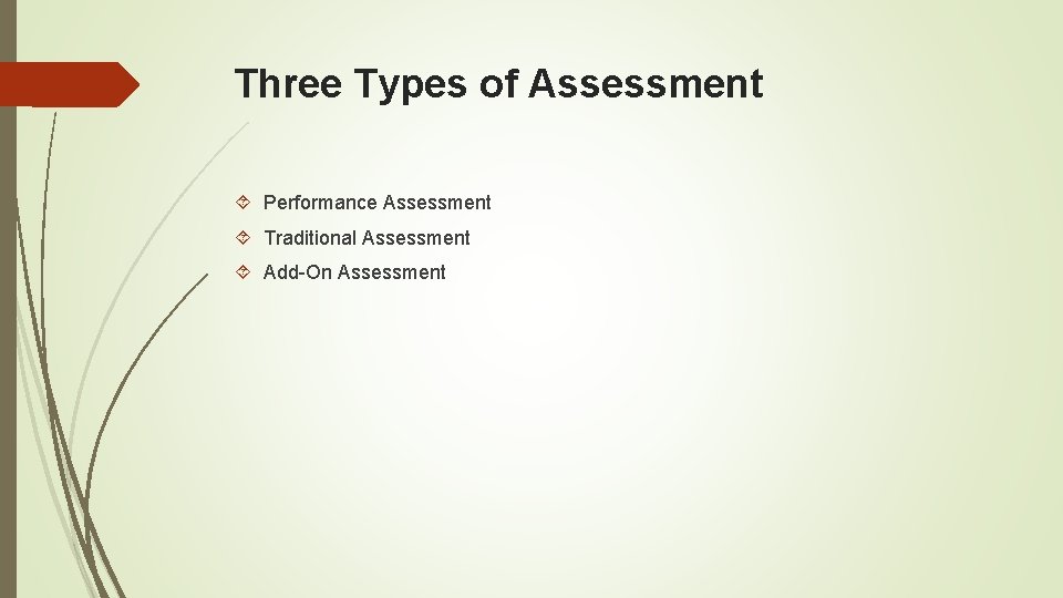 Three Types of Assessment Performance Assessment Traditional Assessment Add-On Assessment 