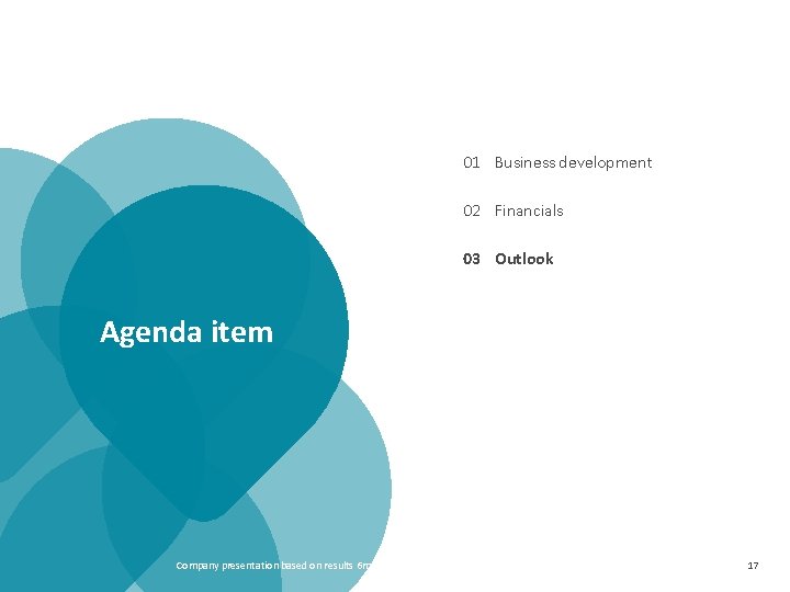 01 Business development 02 Financials 03 Outlook Agenda item Company presentation based on results