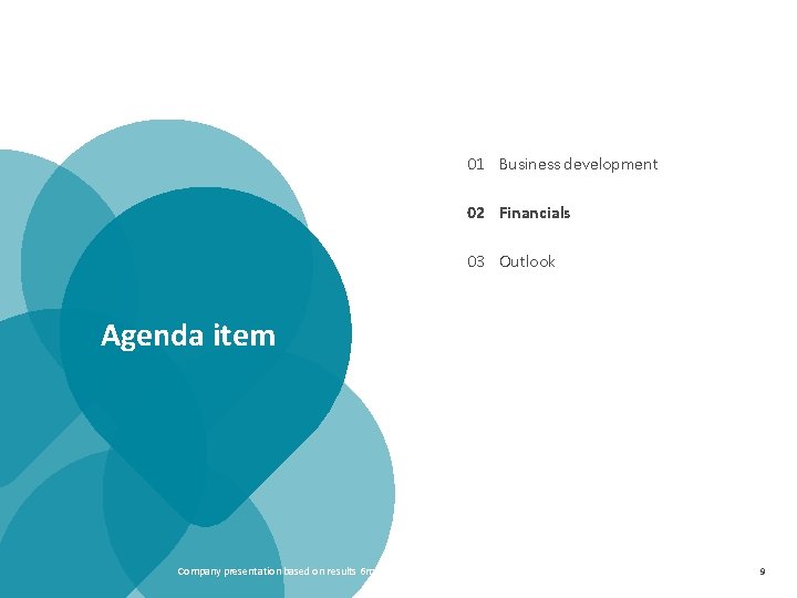 01 Business development 02 Financials 03 Outlook Agenda item Company presentation based on results