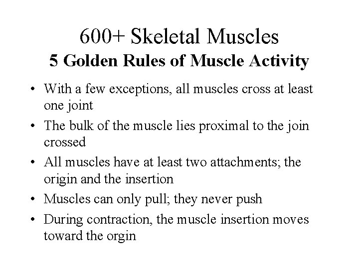 600+ Skeletal Muscles 5 Golden Rules of Muscle Activity • With a few exceptions,