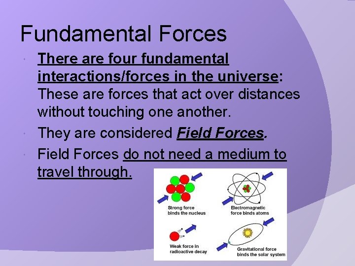 Fundamental Forces There are four fundamental interactions/forces in the universe: These are forces that