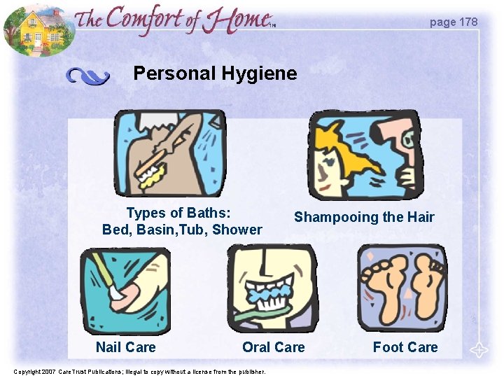 page 178 Personal Hygiene Types of Baths: Bed, Basin, Tub, Shower Nail Care Shampooing