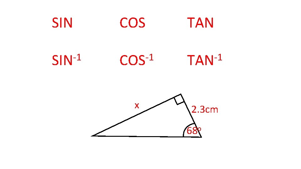 SIN COS TAN SIN-1 COS-1 TAN-1 x 2. 3 cm 68 o 