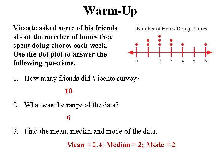 Warm-Up Vicente asked some of his friends about the number of hours they spent