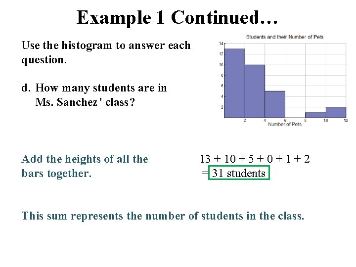 Example 1 Continued… Use the histogram to answer each question. d. How many students