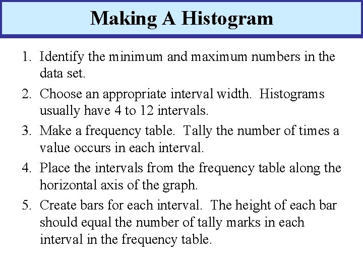 Making A Histogram 1. Identify the minimum and maximum numbers in the data set.