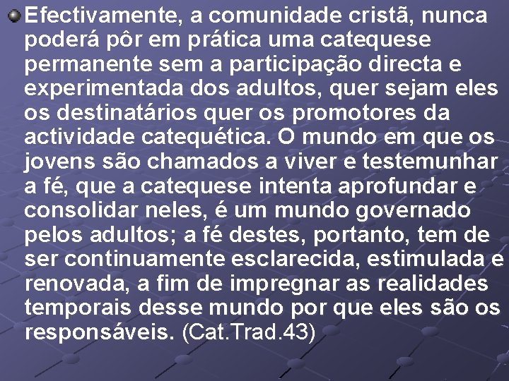 Efectivamente, a comunidade cristã, nunca poderá pôr em prática uma catequese permanente sem a