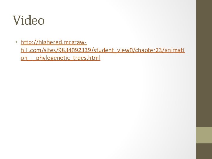 Video • http: //highered. mcgrawhill. com/sites/9834092339/student_view 0/chapter 23/animati on_-_phylogenetic_trees. html 