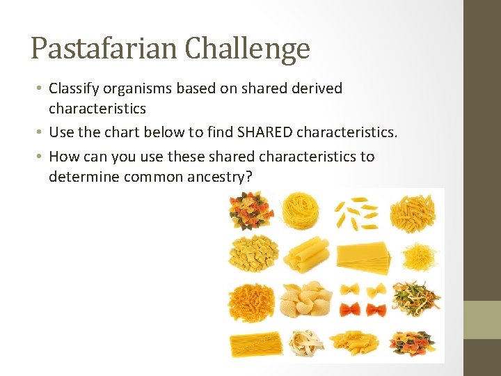 Pastafarian Challenge • Classify organisms based on shared derived characteristics • Use the chart