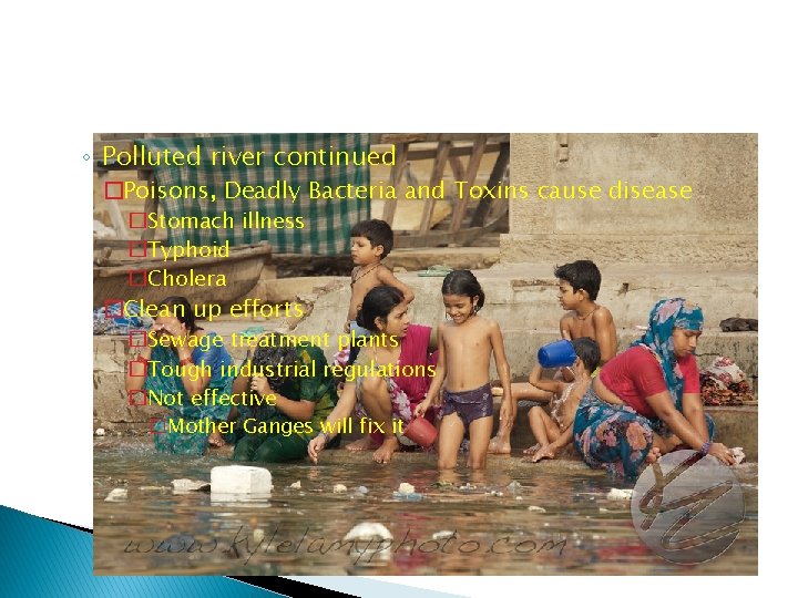 ◦ Polluted river continued �Poisons, Deadly Bacteria and Toxins cause disease �Stomach illness �Typhoid