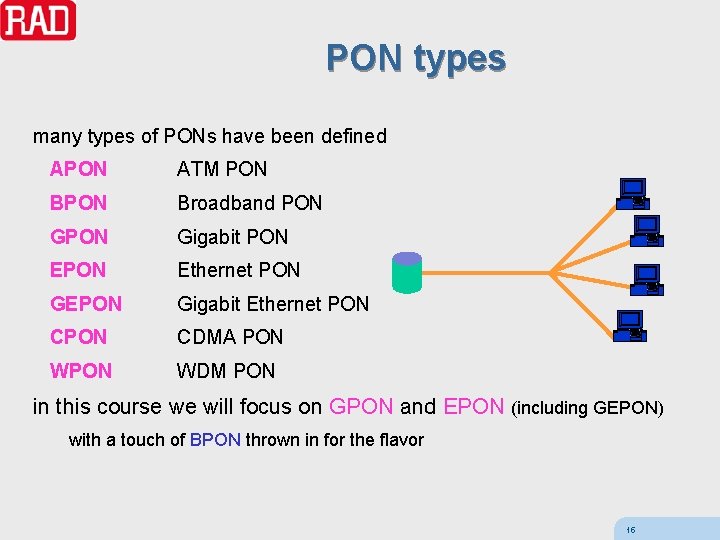 PON types many types of PONs have been defined APON ATM PON Broadband PON