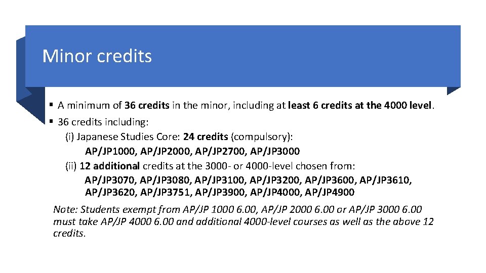 Minor credits § A minimum of 36 credits in the minor, including at least