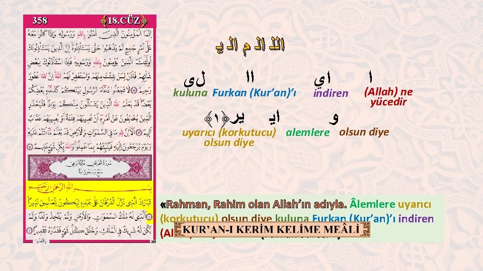 358 ﴾ 18. CÜZ﴿ ﺍﻟﻠ ﺍﻟ ﻡ ﺍﻟ ﻳ ﻝﻯ ﺍﺍ kuluna Furkan (Kur’an)’ı