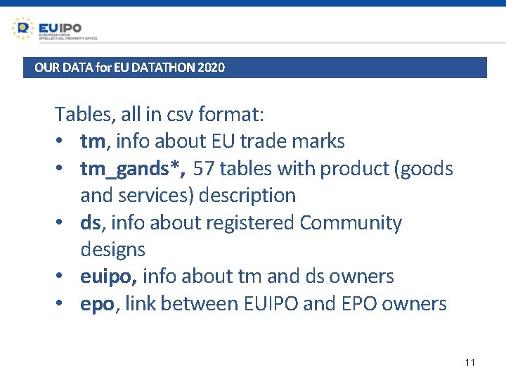 OUR DATA for EU DATATHON 2020 Tables, all in csv format: • tm, info