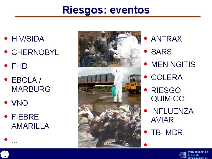 Riesgos: eventos • • HIV/SIDA CHERNOBYL FHD EBOLA / MARBURG • VNO text •