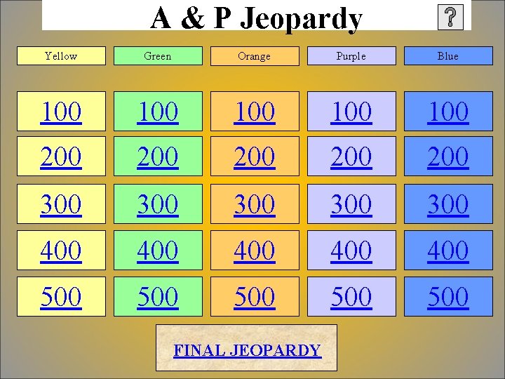 A & P Jeopardy Yellow Green Orange Purple Blue 100 100 100 200 200