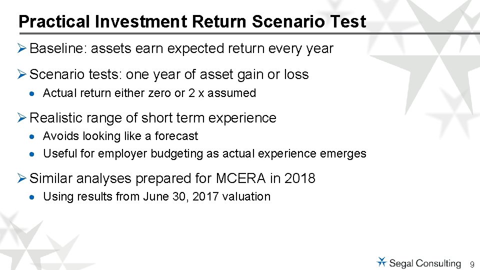 Practical Investment Return Scenario Test Ø Baseline: assets earn expected return every year Ø