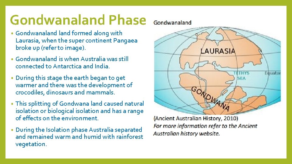Gondwanaland Phase • Gondwanaland formed along with Laurasia, when the super continent Pangaea broke
