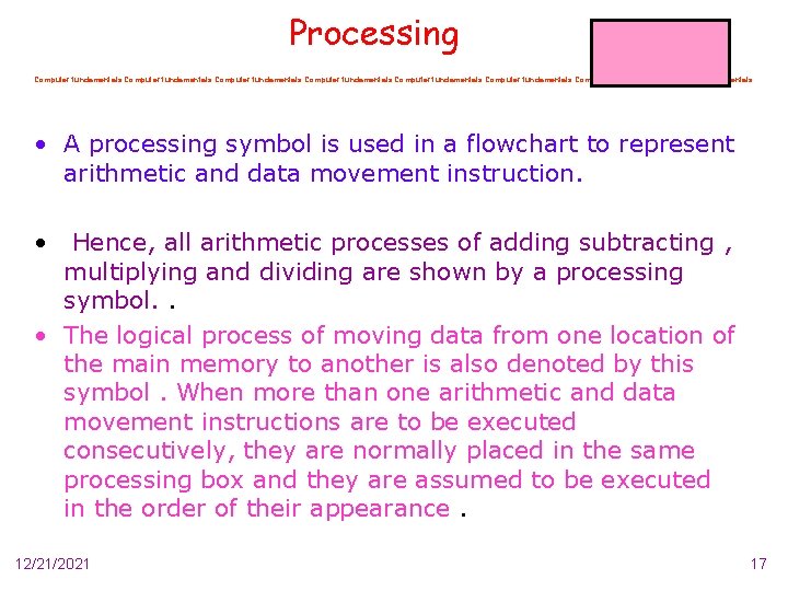 Processing Computer fundamentals Computer fundamentals • A processing symbol is used in a flowchart