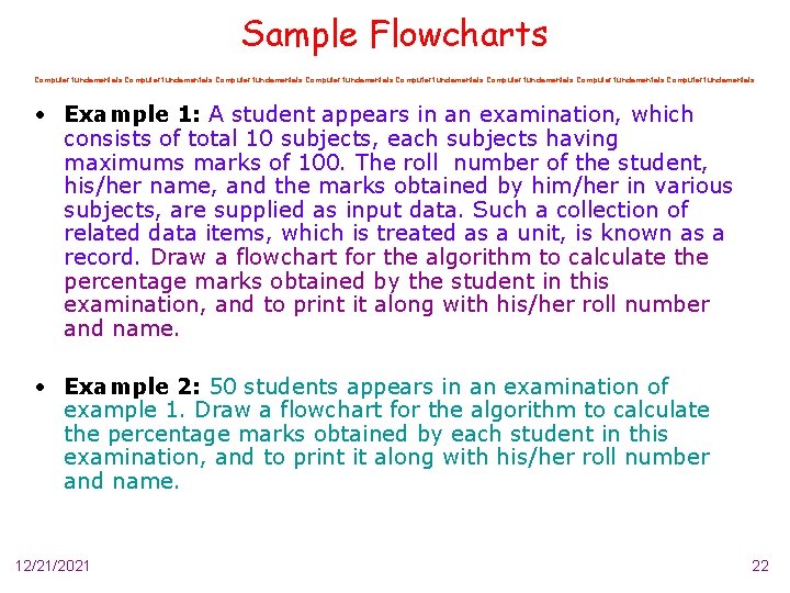 Sample Flowcharts Computer fundamentals Computer fundamentals • Example 1: A student appears in an