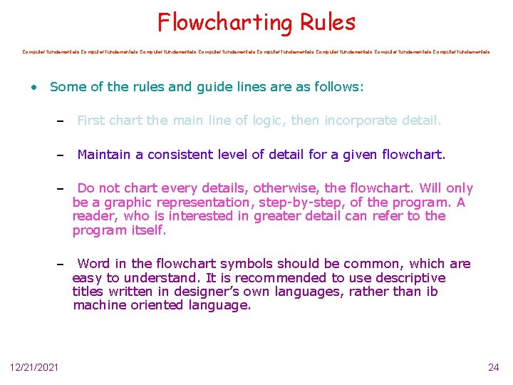 Flowcharting Rules Computer fundamentals Computer fundamentals • Some of the rules and guide lines