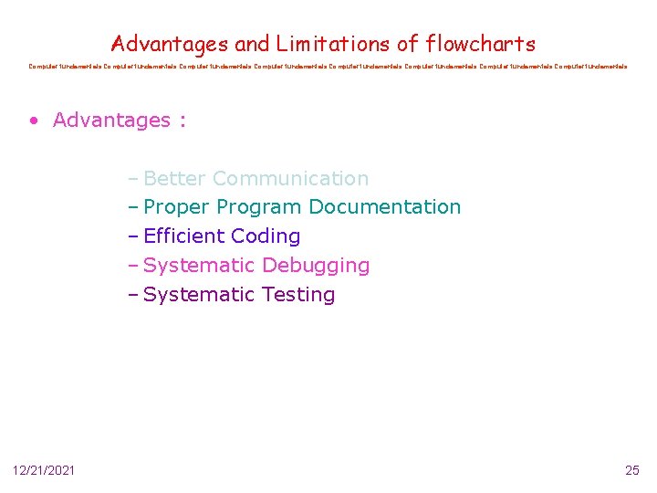 Advantages and Limitations of flowcharts Computer fundamentals Computer fundamentals • Advantages : – Better