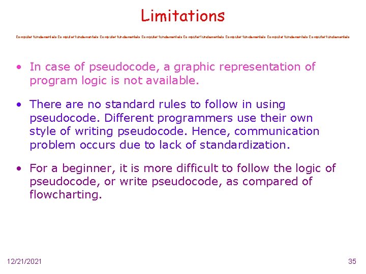 Limitations Computer fundamentals Computer fundamentals • In case of pseudocode, a graphic representation of