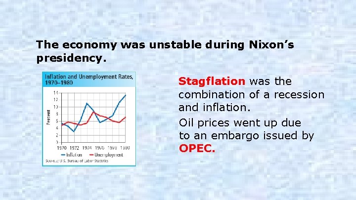 The economy was unstable during Nixon’s presidency. Stagflation was the combination of a recession