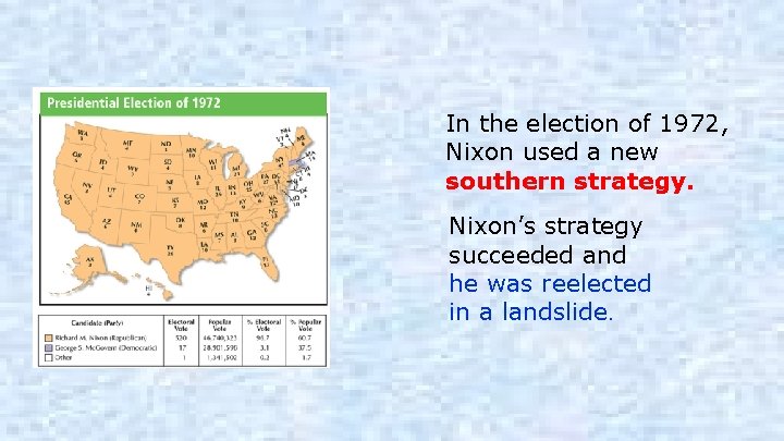 In the election of 1972, Nixon used a new southern strategy. Nixon’s strategy succeeded