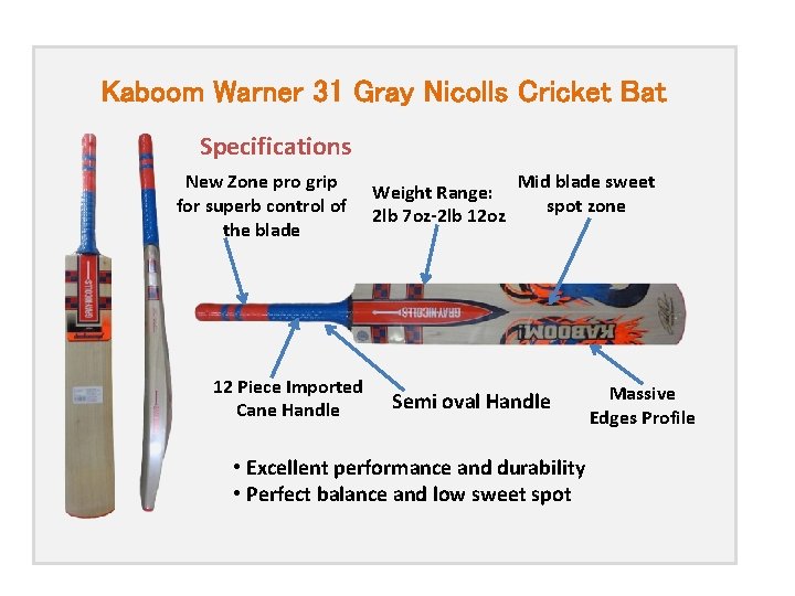 Kaboom Warner 31 Gray Nicolls Cricket Bat Specifications New Zone pro grip for superb