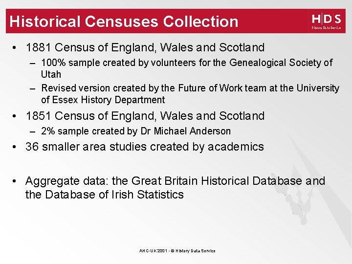 Historical Censuses Collection • 1881 Census of England, Wales and Scotland – 100% sample