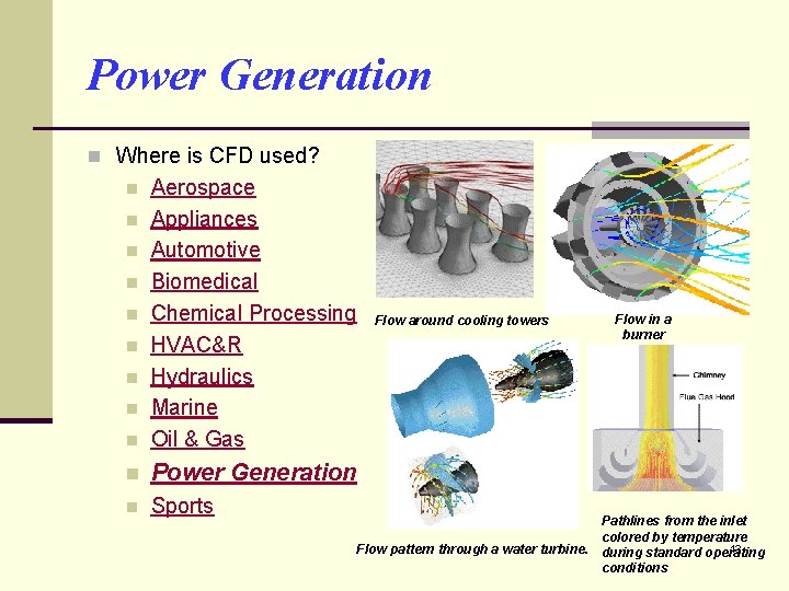 Power Generation n Where is CFD used? n Aerospace Appliances Automotive Biomedical Chemical Processing