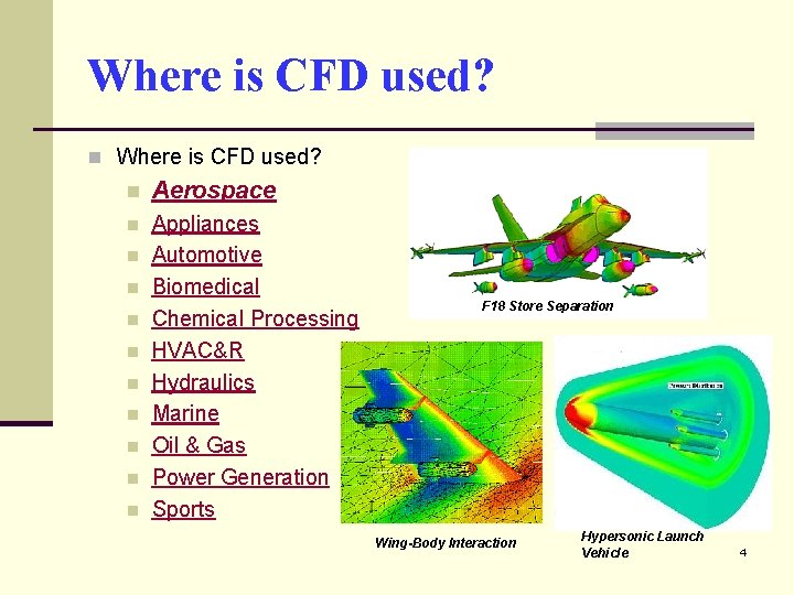 Where is CFD used? n Aerospace n Appliances Automotive Biomedical Chemical Processing HVAC&R Hydraulics