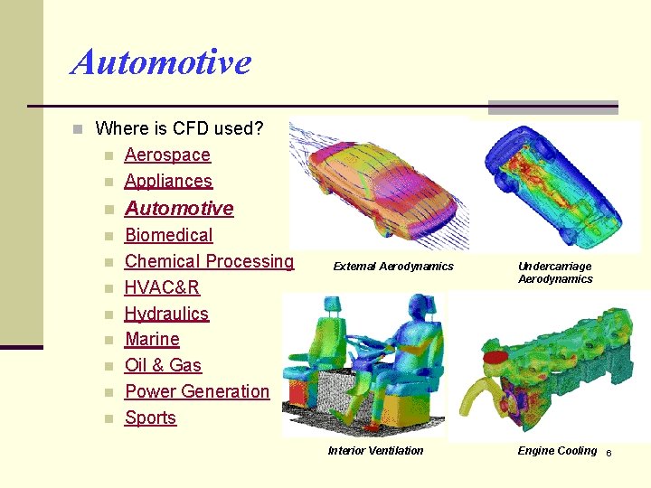 Automotive n Where is CFD used? n Aerospace Appliances n Automotive n Biomedical Chemical
