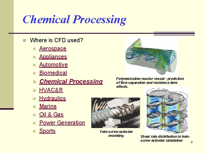 Chemical Processing n Where is CFD used? n Aerospace Appliances Automotive Biomedical n Chemical