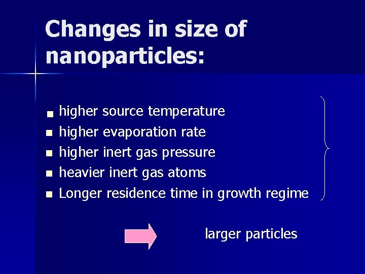 Changes in size of nanoparticles: n n higher source temperature higher evaporation rate higher