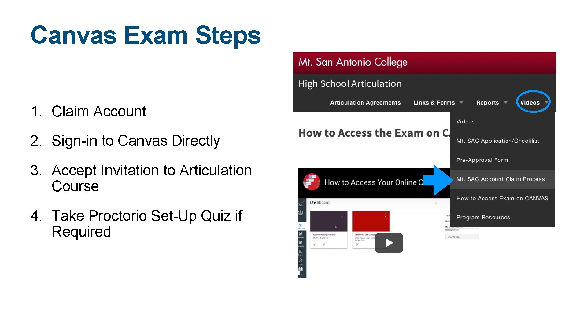 Canvas Exam Steps 1. Claim Account 2. Sign-in to Canvas Directly 3. Accept Invitation