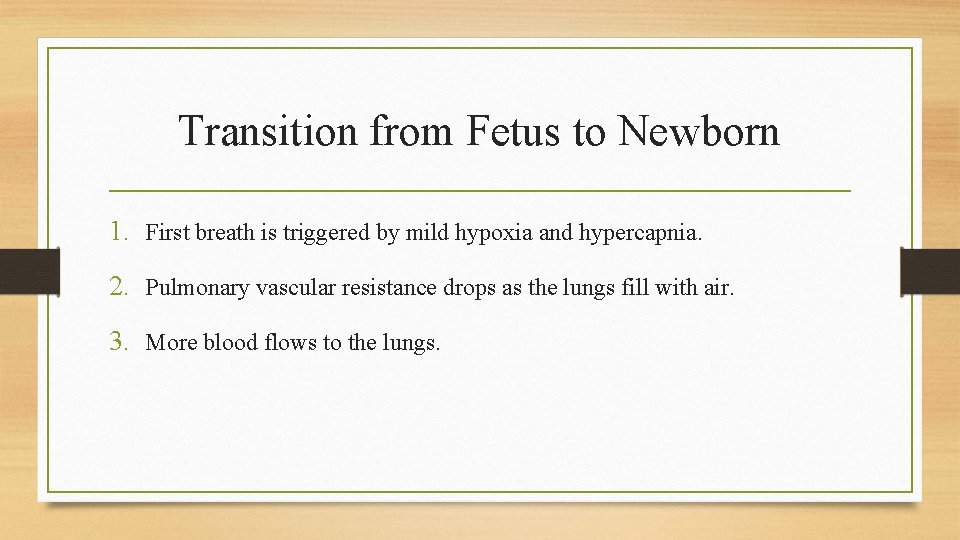 Transition from Fetus to Newborn 1. First breath is triggered by mild hypoxia and