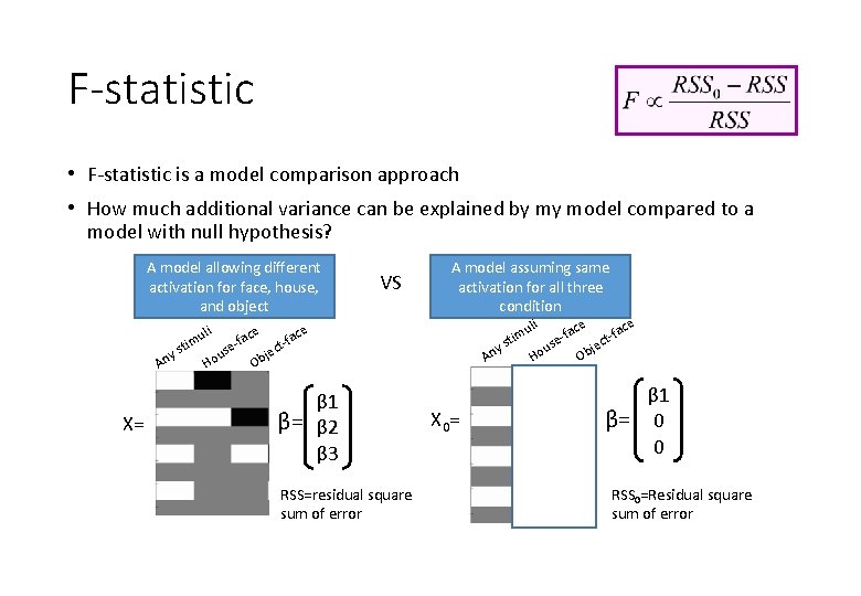 F-statistic • F-statistic is a model comparison approach • How much additional variance can