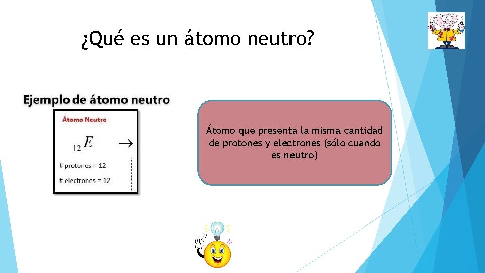 ¿Qué es un átomo neutro? Átomo que presenta la misma cantidad de protones y