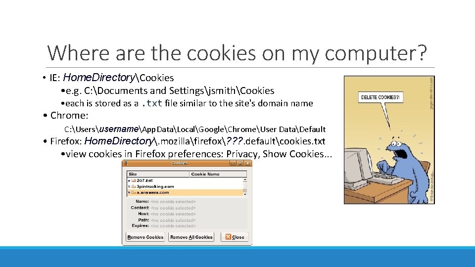 Where are the cookies on my computer? • IE: Home. DirectoryCookies • e. g.