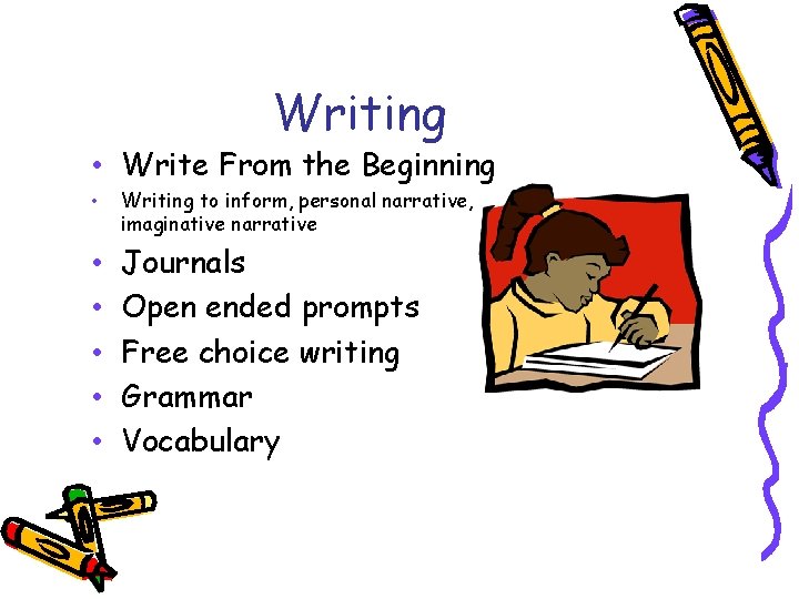Writing • Write From the Beginning • Writing to inform, personal narrative, imaginative narrative