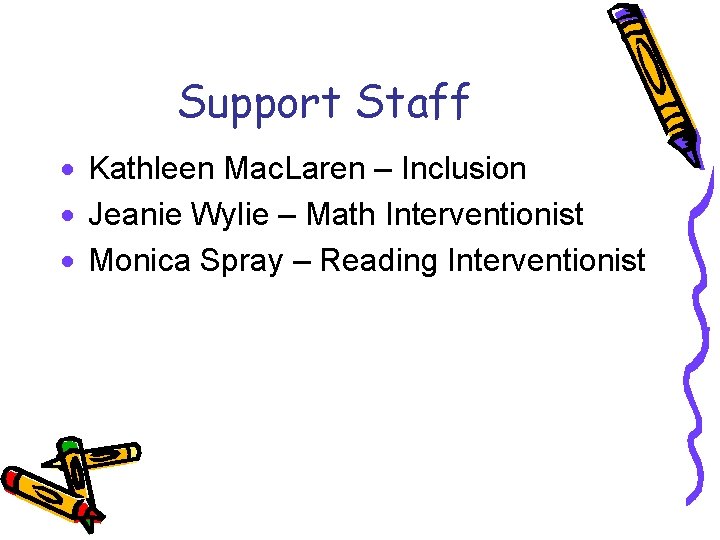 Support Staff Kathleen Mac. Laren – Inclusion Jeanie Wylie – Math Interventionist Monica Spray